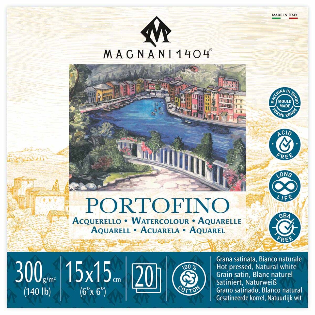 Magnani 1404 Portofino Hot Press 100% Cotton Watercolor Paper Pad, 20 Sheets, 140 lb, Acid-Free, UV Resistant, Deckled Edges, Vegan Sized Water Color Paper for Artists, Made in Italy